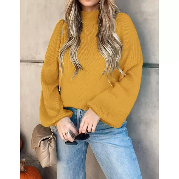 ZESICA Womens 2024 Casual Turtleneck Long Lantern Sleeve Oversized Ribbed Knit Pullover Sweater Jumper TopMustard