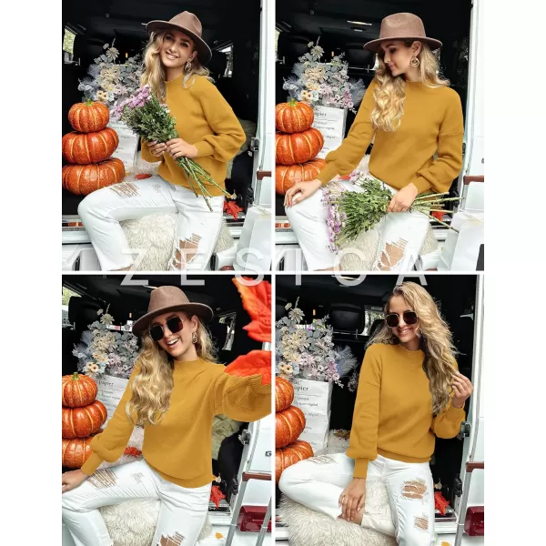 ZESICA Womens 2024 Casual Turtleneck Long Lantern Sleeve Oversized Ribbed Knit Pullover Sweater Jumper TopMustard