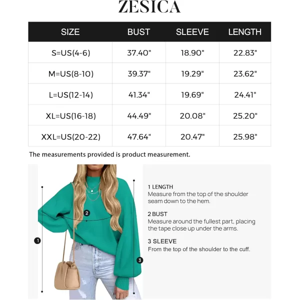 ZESICA Womens 2024 Casual Turtleneck Long Lantern Sleeve Oversized Ribbed Knit Pullover Sweater Jumper TopPeacock