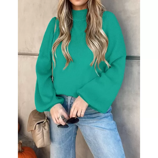 ZESICA Womens 2024 Casual Turtleneck Long Lantern Sleeve Oversized Ribbed Knit Pullover Sweater Jumper TopPeacock