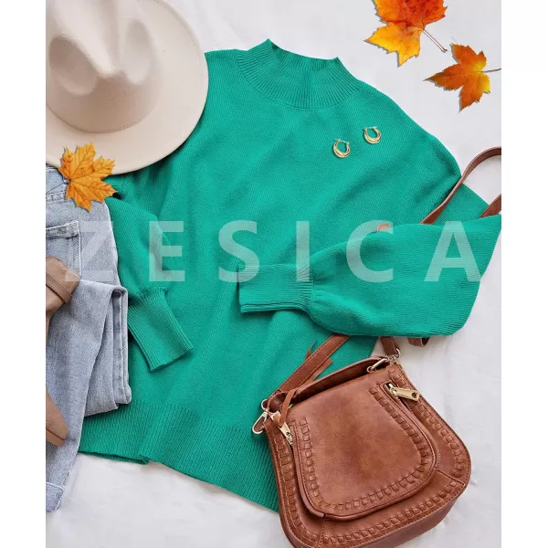 ZESICA Womens 2024 Casual Turtleneck Long Lantern Sleeve Oversized Ribbed Knit Pullover Sweater Jumper TopPeacock