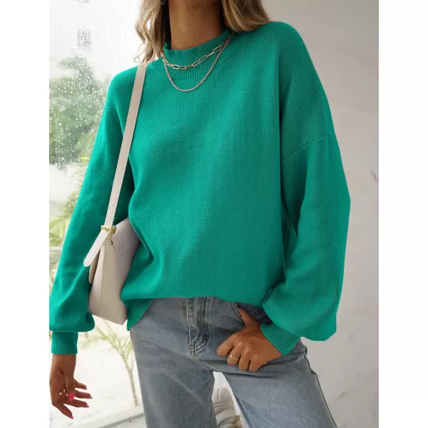 ZESICA Womens 2024 Casual Turtleneck Long Lantern Sleeve Oversized Ribbed Knit Pullover Sweater Jumper TopPeacock