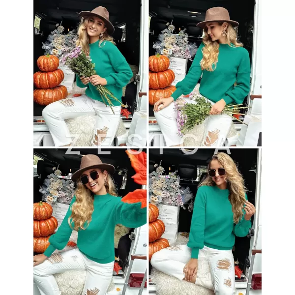 ZESICA Womens 2024 Casual Turtleneck Long Lantern Sleeve Oversized Ribbed Knit Pullover Sweater Jumper TopPeacock
