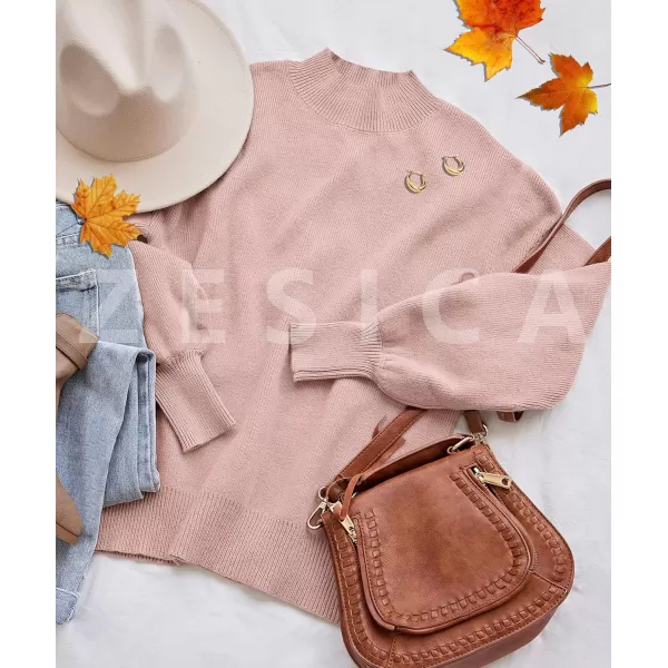 ZESICA Womens 2024 Casual Turtleneck Long Lantern Sleeve Oversized Ribbed Knit Pullover Sweater Jumper TopPink