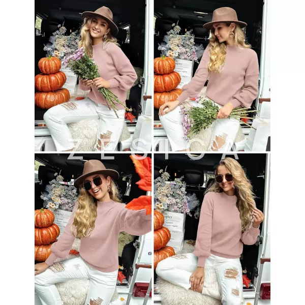 ZESICA Womens 2024 Casual Turtleneck Long Lantern Sleeve Oversized Ribbed Knit Pullover Sweater Jumper TopPink