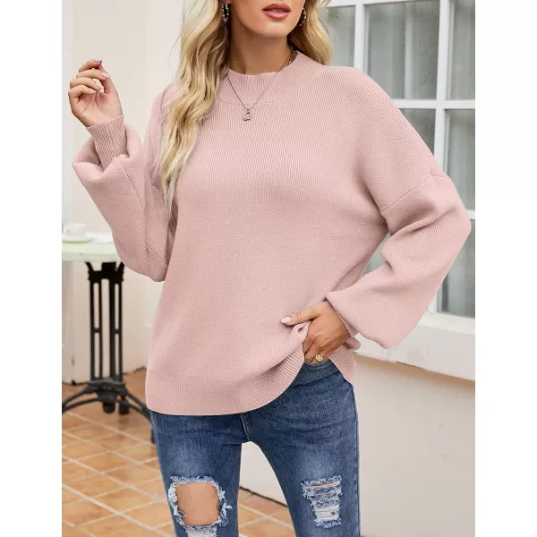ZESICA Womens 2024 Casual Turtleneck Long Lantern Sleeve Oversized Ribbed Knit Pullover Sweater Jumper TopPink