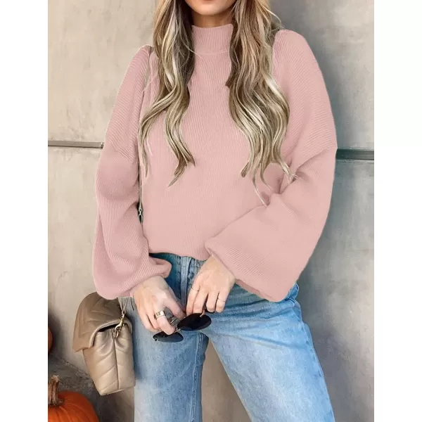 ZESICA Womens 2024 Casual Turtleneck Long Lantern Sleeve Oversized Ribbed Knit Pullover Sweater Jumper TopPink