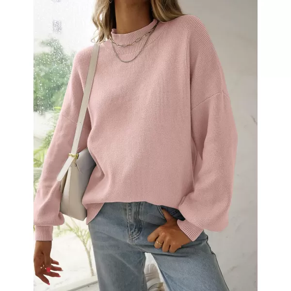 ZESICA Womens 2024 Casual Turtleneck Long Lantern Sleeve Oversized Ribbed Knit Pullover Sweater Jumper TopPink