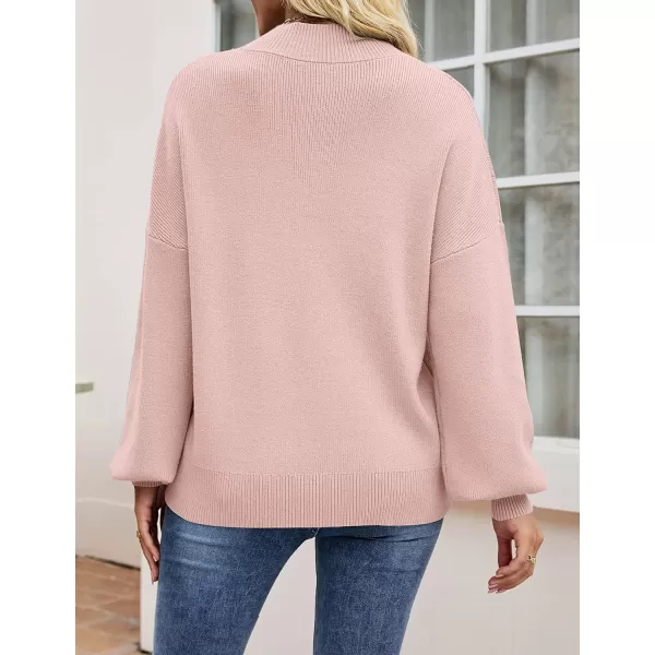 ZESICA Womens 2024 Casual Turtleneck Long Lantern Sleeve Oversized Ribbed Knit Pullover Sweater Jumper TopPink
