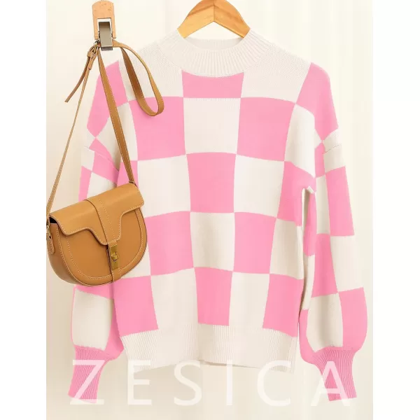 ZESICA Womens 2024 Casual Turtleneck Long Lantern Sleeve Oversized Ribbed Knit Pullover Sweater Jumper TopPinkplaid