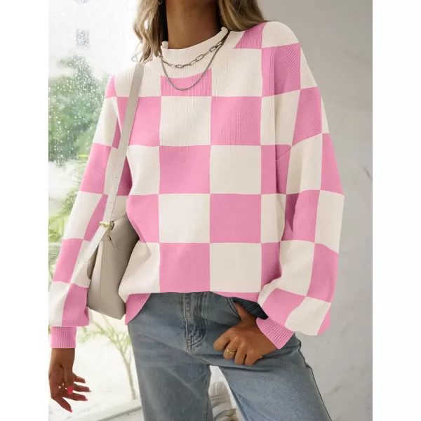 ZESICA Womens 2024 Casual Turtleneck Long Lantern Sleeve Oversized Ribbed Knit Pullover Sweater Jumper TopPinkplaid