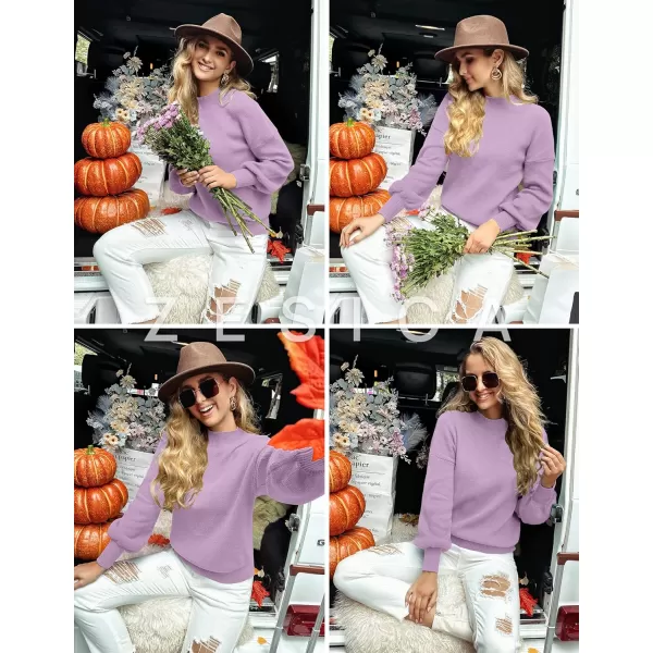 ZESICA Womens 2024 Casual Turtleneck Long Lantern Sleeve Oversized Ribbed Knit Pullover Sweater Jumper TopPurple