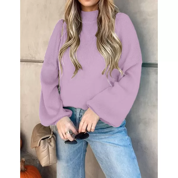 ZESICA Womens 2024 Casual Turtleneck Long Lantern Sleeve Oversized Ribbed Knit Pullover Sweater Jumper TopPurple