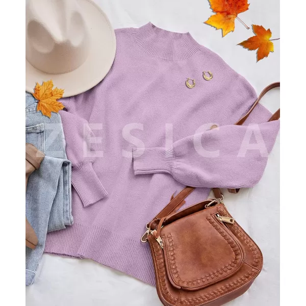 ZESICA Womens 2024 Casual Turtleneck Long Lantern Sleeve Oversized Ribbed Knit Pullover Sweater Jumper TopPurple
