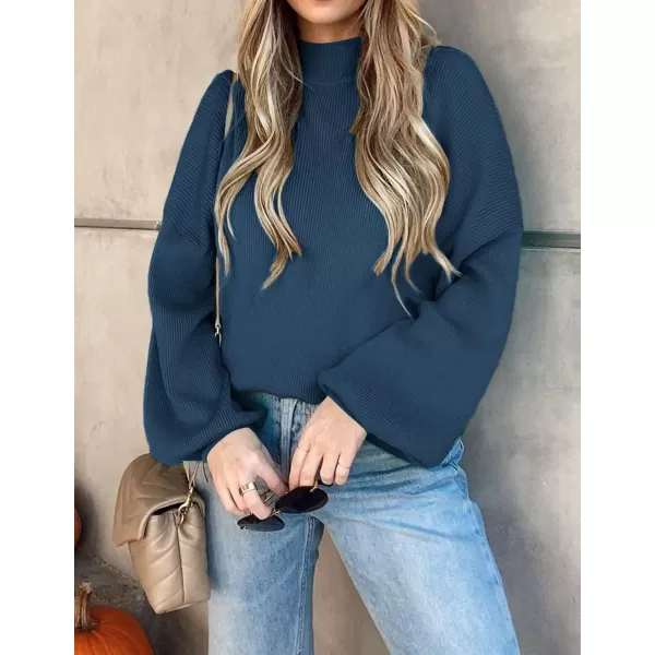 ZESICA Womens 2024 Casual Turtleneck Long Lantern Sleeve Oversized Ribbed Knit Pullover Sweater Jumper TopRoyalblue