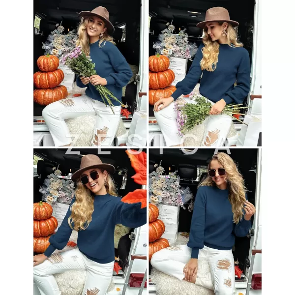 ZESICA Womens 2024 Casual Turtleneck Long Lantern Sleeve Oversized Ribbed Knit Pullover Sweater Jumper TopRoyalblue