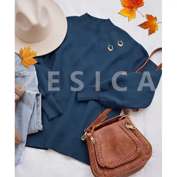 ZESICA Womens 2024 Casual Turtleneck Long Lantern Sleeve Oversized Ribbed Knit Pullover Sweater Jumper TopRoyalblue