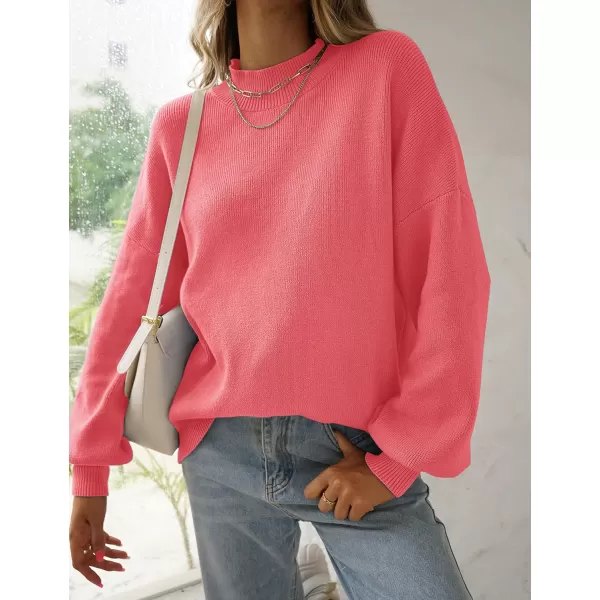 ZESICA Womens 2024 Casual Turtleneck Long Lantern Sleeve Oversized Ribbed Knit Pullover Sweater Jumper TopWatermelon