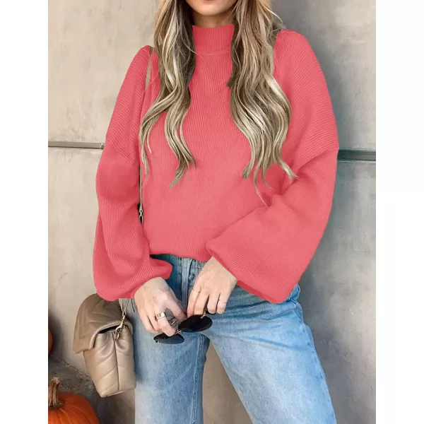 ZESICA Womens 2024 Casual Turtleneck Long Lantern Sleeve Oversized Ribbed Knit Pullover Sweater Jumper TopWatermelon