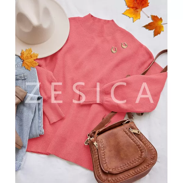 ZESICA Womens 2024 Casual Turtleneck Long Lantern Sleeve Oversized Ribbed Knit Pullover Sweater Jumper TopWatermelon
