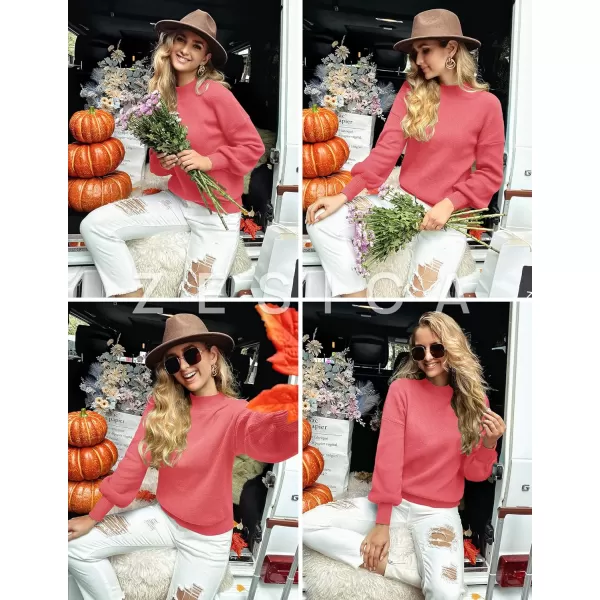 ZESICA Womens 2024 Casual Turtleneck Long Lantern Sleeve Oversized Ribbed Knit Pullover Sweater Jumper TopWatermelon