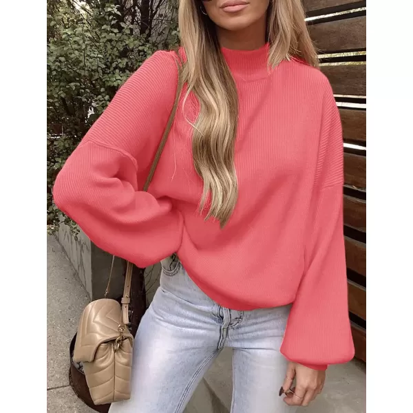 ZESICA Womens 2024 Casual Turtleneck Long Lantern Sleeve Oversized Ribbed Knit Pullover Sweater Jumper TopWatermelon