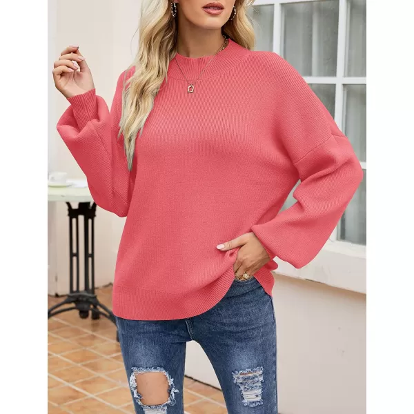 ZESICA Womens 2024 Casual Turtleneck Long Lantern Sleeve Oversized Ribbed Knit Pullover Sweater Jumper TopWatermelon