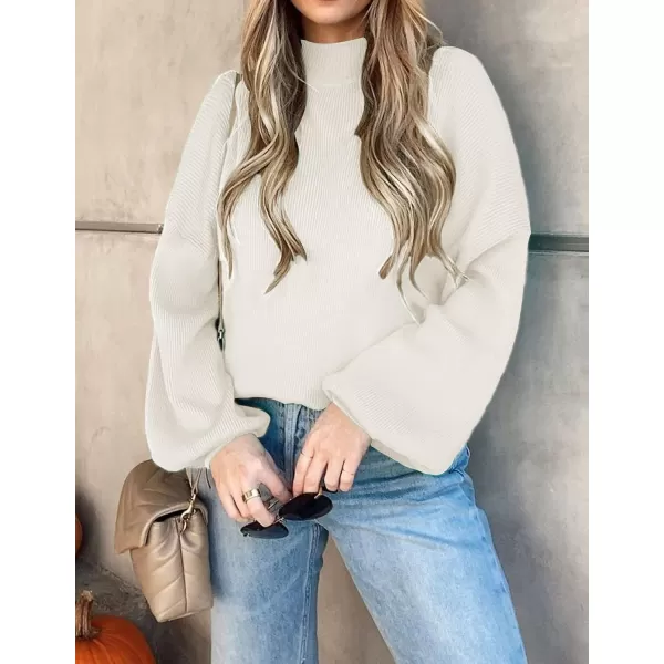 ZESICA Womens 2024 Casual Turtleneck Long Lantern Sleeve Oversized Ribbed Knit Pullover Sweater Jumper TopWhite