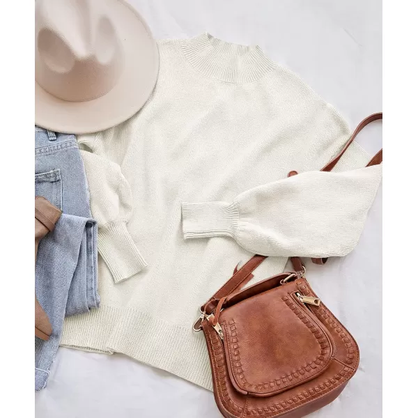 ZESICA Womens 2024 Casual Turtleneck Long Lantern Sleeve Oversized Ribbed Knit Pullover Sweater Jumper TopWhite
