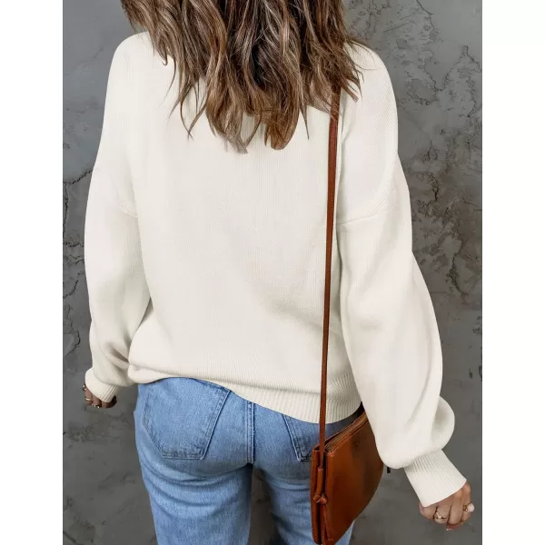 ZESICA Womens 2024 Casual Turtleneck Long Lantern Sleeve Oversized Ribbed Knit Pullover Sweater Jumper TopWhite