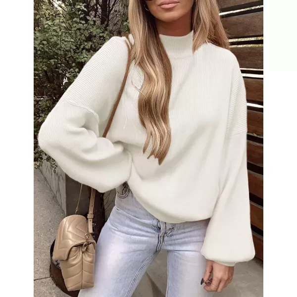 ZESICA Womens 2024 Casual Turtleneck Long Lantern Sleeve Oversized Ribbed Knit Pullover Sweater Jumper TopWhite