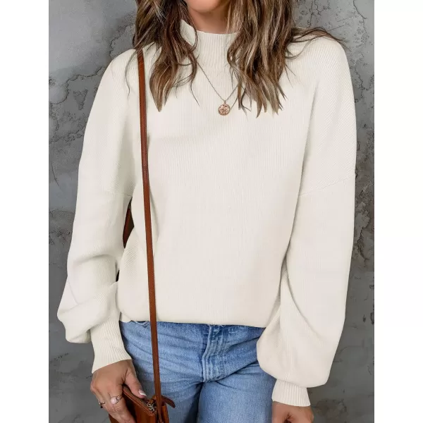 ZESICA Womens 2024 Casual Turtleneck Long Lantern Sleeve Oversized Ribbed Knit Pullover Sweater Jumper TopWhite
