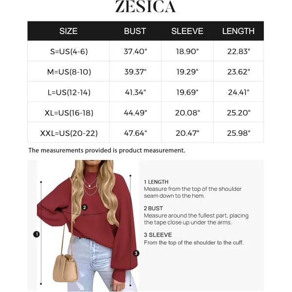 ZESICA Womens 2024 Casual Turtleneck Long Lantern Sleeve Oversized Ribbed Knit Pullover Sweater Jumper TopWine