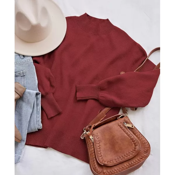 ZESICA Womens 2024 Casual Turtleneck Long Lantern Sleeve Oversized Ribbed Knit Pullover Sweater Jumper TopWine