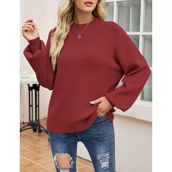 ZESICA Womens 2024 Casual Turtleneck Long Lantern Sleeve Oversized Ribbed Knit Pullover Sweater Jumper TopWine