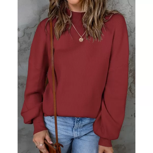 ZESICA Womens 2024 Casual Turtleneck Long Lantern Sleeve Oversized Ribbed Knit Pullover Sweater Jumper TopWine
