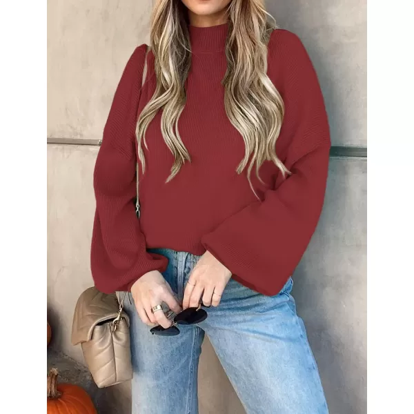 ZESICA Womens 2024 Casual Turtleneck Long Lantern Sleeve Oversized Ribbed Knit Pullover Sweater Jumper TopWine