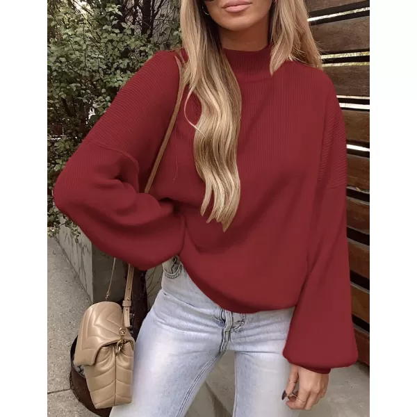 ZESICA Womens 2024 Casual Turtleneck Long Lantern Sleeve Oversized Ribbed Knit Pullover Sweater Jumper TopWine