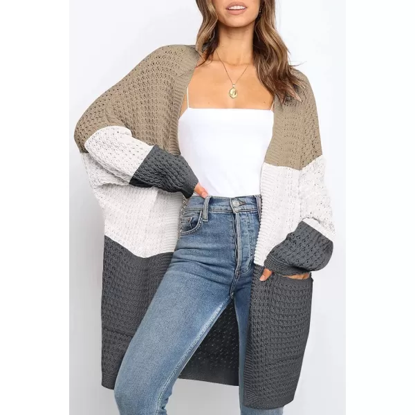 ZESICA Womens 2024 Fall Long Batwing Sleeve Open Front Chunky Knit Cardigan SweaterContrastkhaki