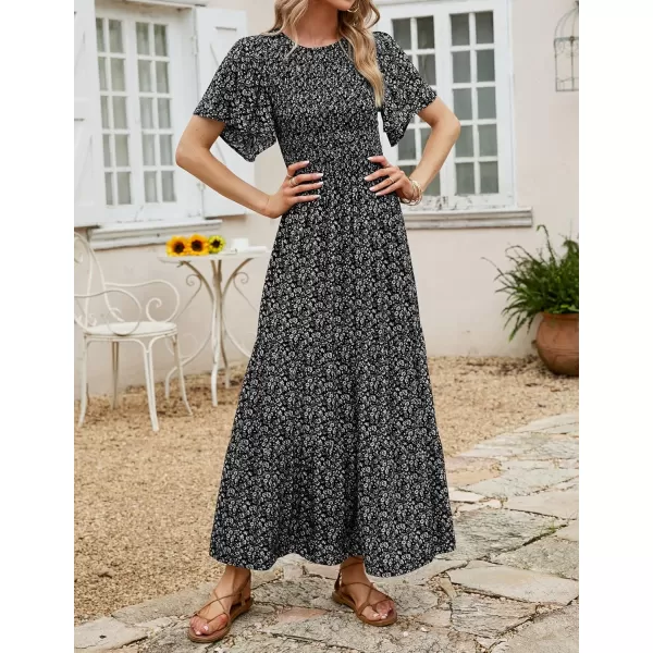 ZESICA Womens 2024 Summer Casual Floral Print Short Flutter Sleeve Crew Neck Smocked High Waist Flowy Maxi DressBlack