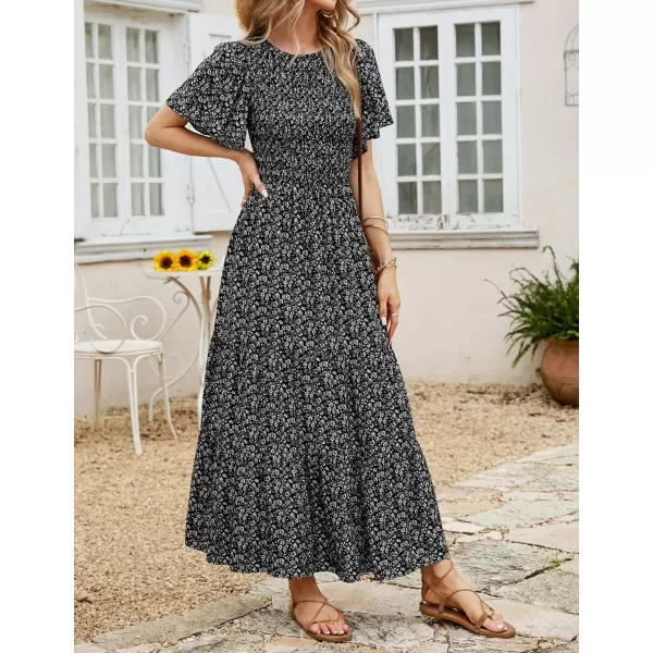 ZESICA Womens 2024 Summer Casual Floral Print Short Flutter Sleeve Crew Neck Smocked High Waist Flowy Maxi DressBlack