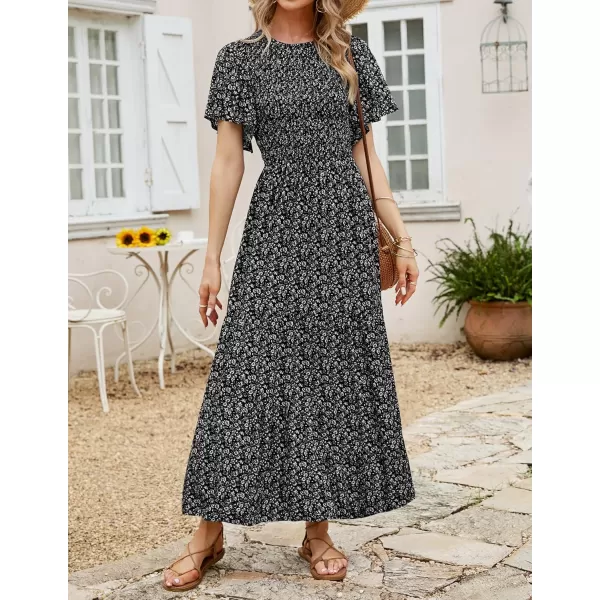 ZESICA Womens 2024 Summer Casual Floral Print Short Flutter Sleeve Crew Neck Smocked High Waist Flowy Maxi DressBlack