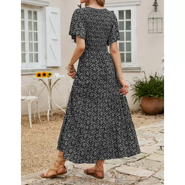 ZESICA Womens 2024 Summer Casual Floral Print Short Flutter Sleeve Crew Neck Smocked High Waist Flowy Maxi DressBlack