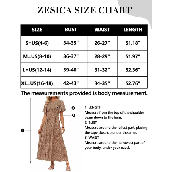 ZESICA Womens 2024 Summer Casual Floral Print Short Flutter Sleeve Crew Neck Smocked High Waist Flowy Maxi DressBrown