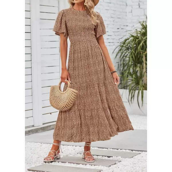 ZESICA Womens 2024 Summer Casual Floral Print Short Flutter Sleeve Crew Neck Smocked High Waist Flowy Maxi DressBrown