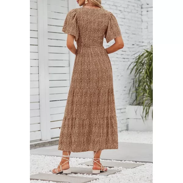 ZESICA Womens 2024 Summer Casual Floral Print Short Flutter Sleeve Crew Neck Smocked High Waist Flowy Maxi DressBrown