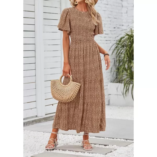 ZESICA Womens 2024 Summer Casual Floral Print Short Flutter Sleeve Crew Neck Smocked High Waist Flowy Maxi DressBrown