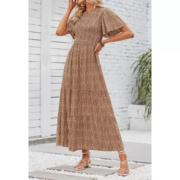 ZESICA Womens 2024 Summer Casual Floral Print Short Flutter Sleeve Crew Neck Smocked High Waist Flowy Maxi DressBrown