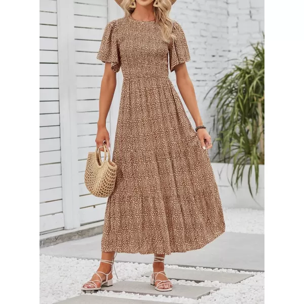 ZESICA Womens 2024 Summer Casual Floral Print Short Flutter Sleeve Crew Neck Smocked High Waist Flowy Maxi DressBrown