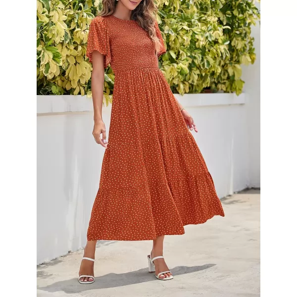 ZESICA Womens 2024 Summer Casual Floral Print Short Flutter Sleeve Crew Neck Smocked High Waist Flowy Maxi DressCaramel
